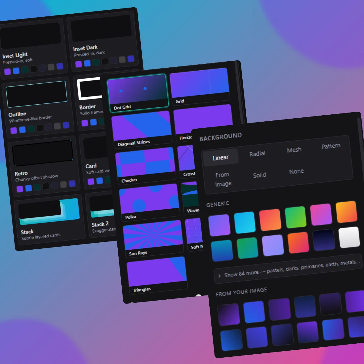 Three stacked panels from the studio: look presets, pattern backgrounds, and the gradient picker with colours pulled from the image