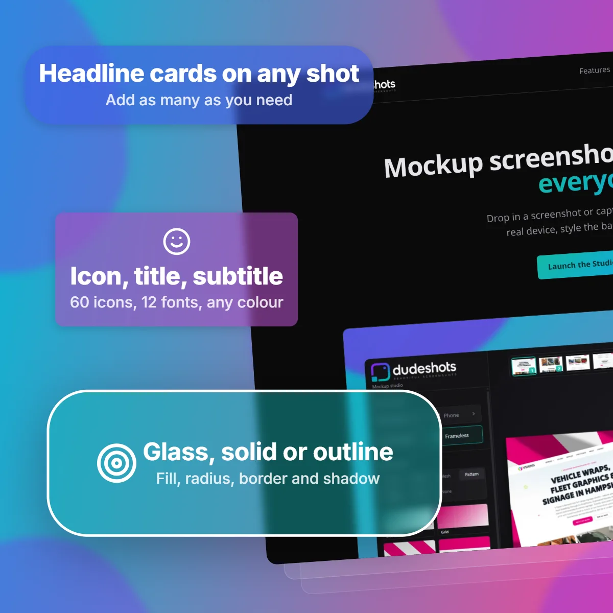 Three headline cards in glass, solid and outline styles laid over a screenshot of the DudeShots homepage