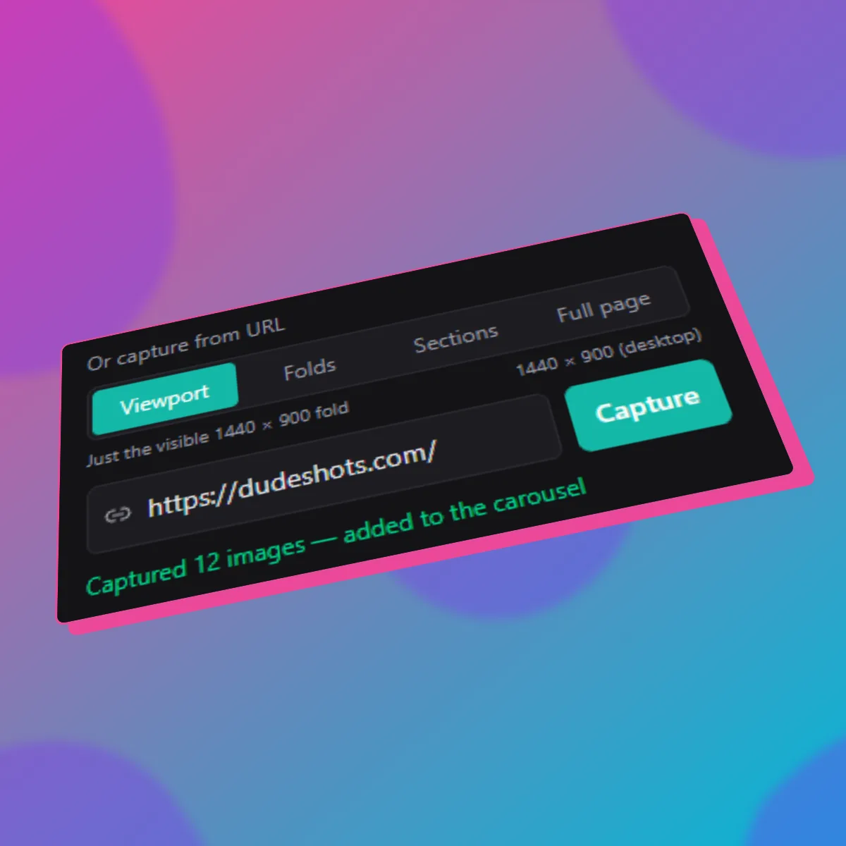 The capture-from-URL panel with Viewport, Folds, Sections and Full page modes and a status line reading captured 12 images