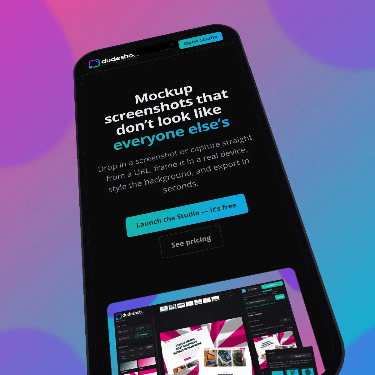 The DudeShots homepage shown inside a tilted phone frame on a pink and blue gradient
